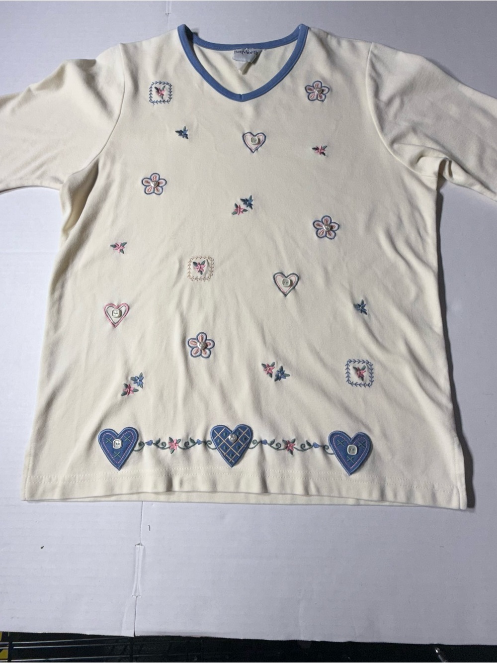 Bon Worth Cream mid Sleeve Top with Blue Trim and Heart embroidery with buttons